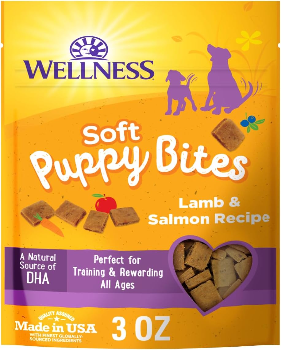 Wellness Soft Puppy Bites Dog Training Treats, Natural, Grain Free, Lamb and Salmon Recipe, 3 oz Bag