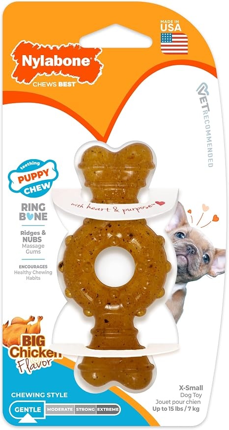 Nylabone Puppy Chew Teething Ring Bone Dog Toy, Chicken Flavor, X-Small