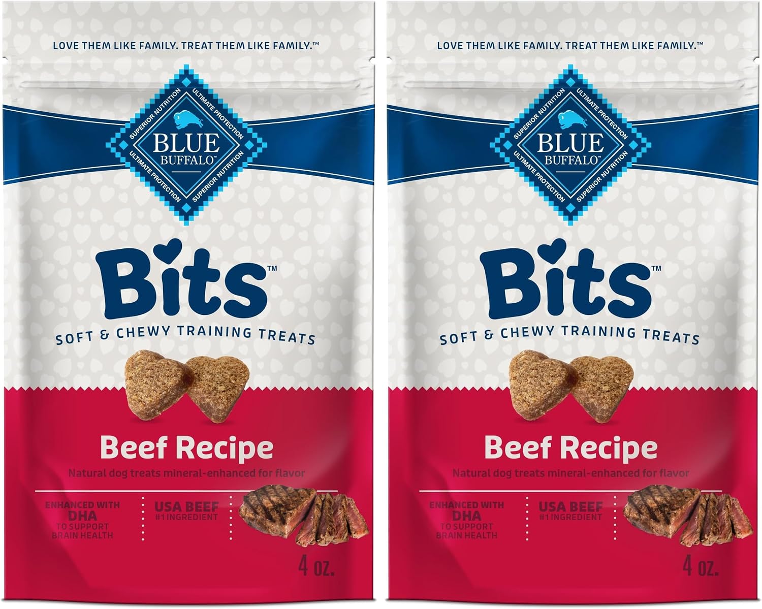 Blue Buffalo Bits Soft Dog Treats for Training,Made with Natural Ingredients & Enhanced with DHA,Beef Recipe,4-oz Bag,(Pack of 2)