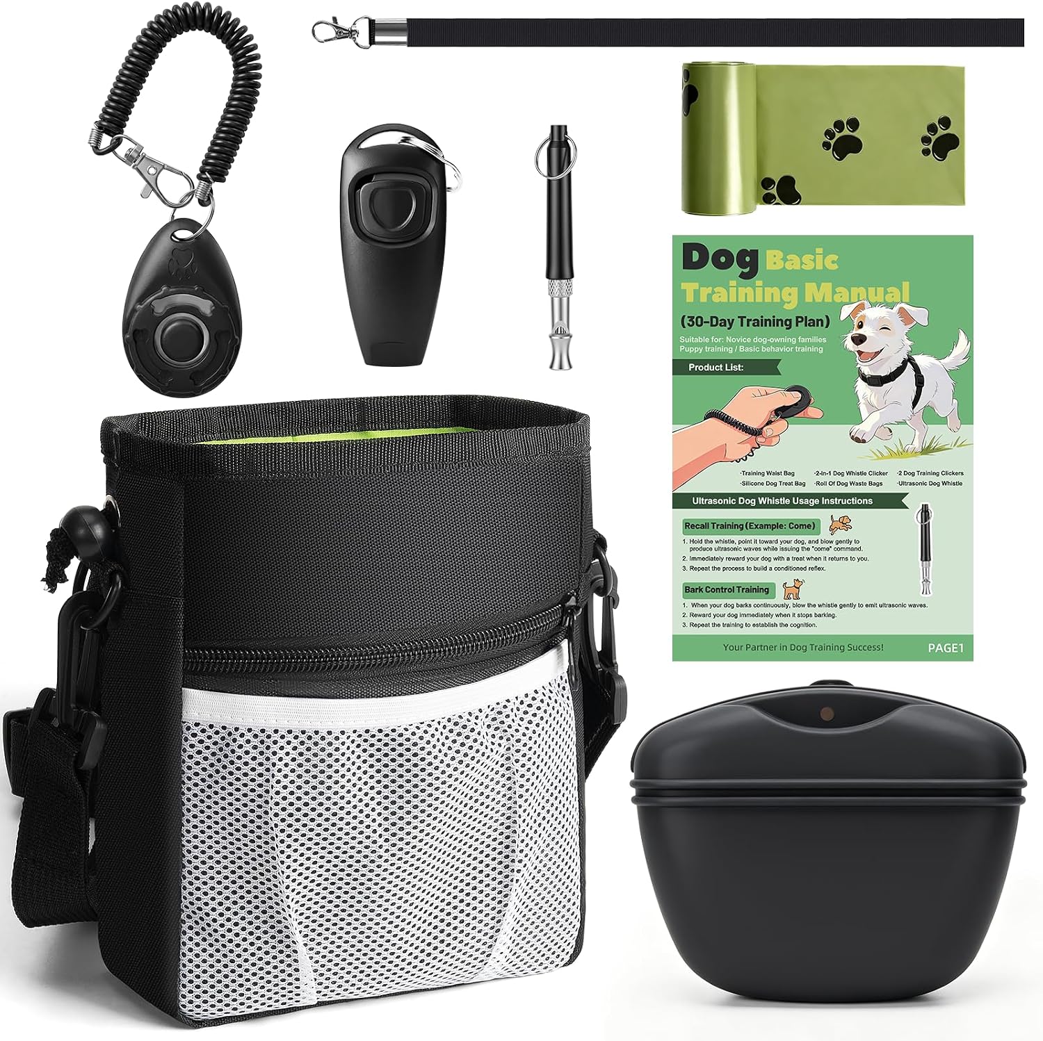 Dog training kit with treat pouch, waist bag, poop bag holder, and clicker